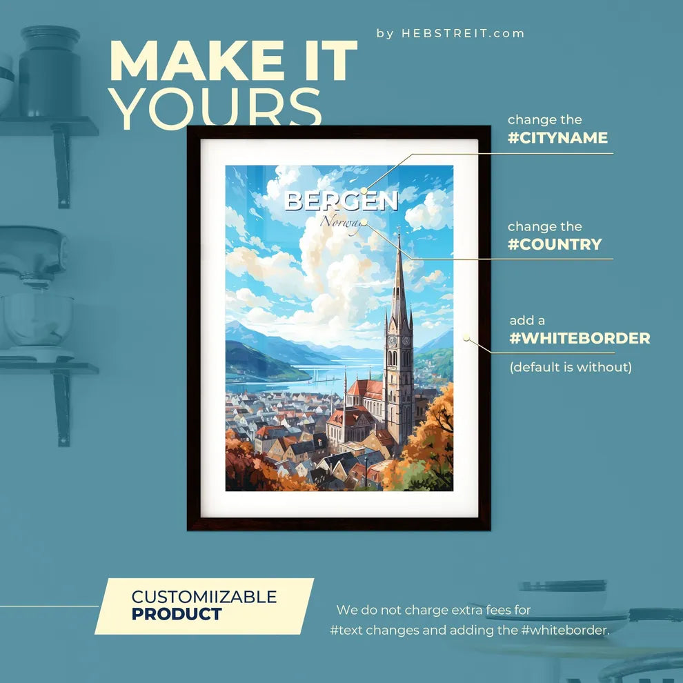 Bergen Norway Skyline - A Church With A Clock Tower And A City And Mountains - Customizable Travel Gift Default Title