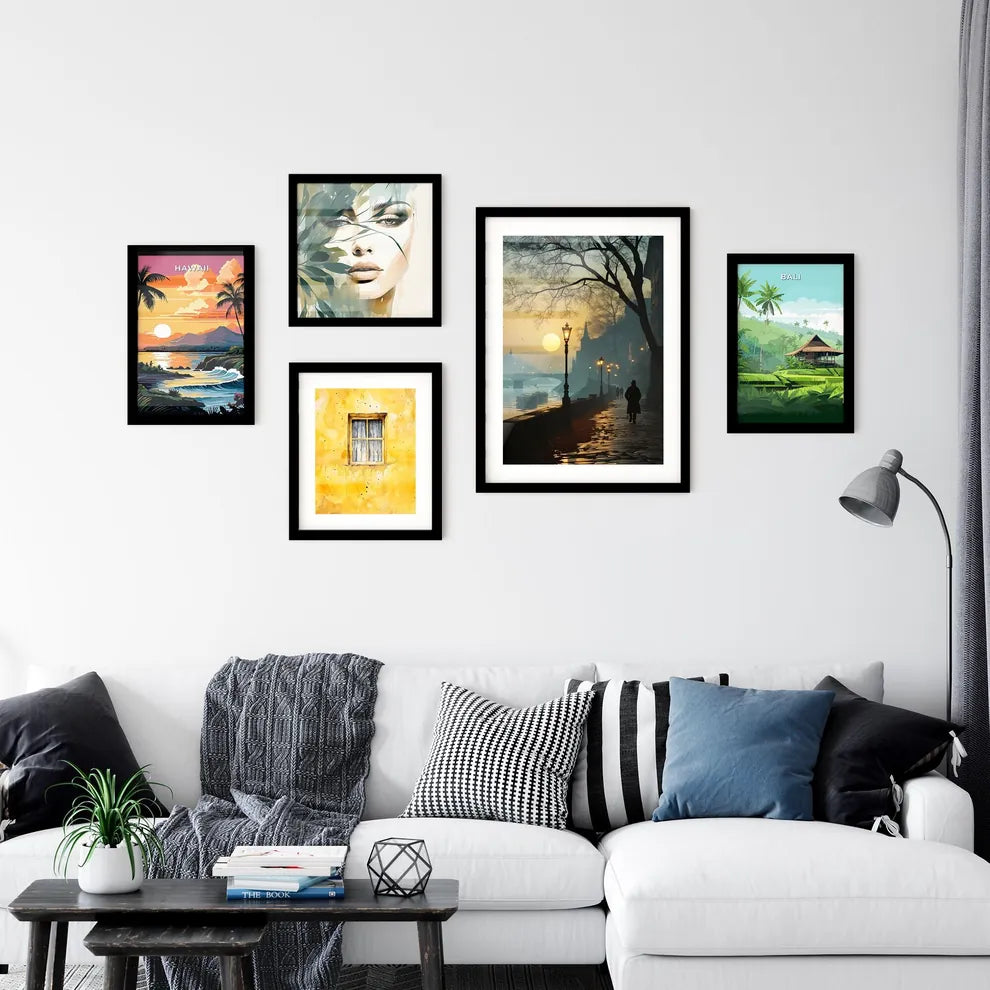 A Poster of vector poster traveling - A Person Walking On A Sidewalk Next To A River Interior Design