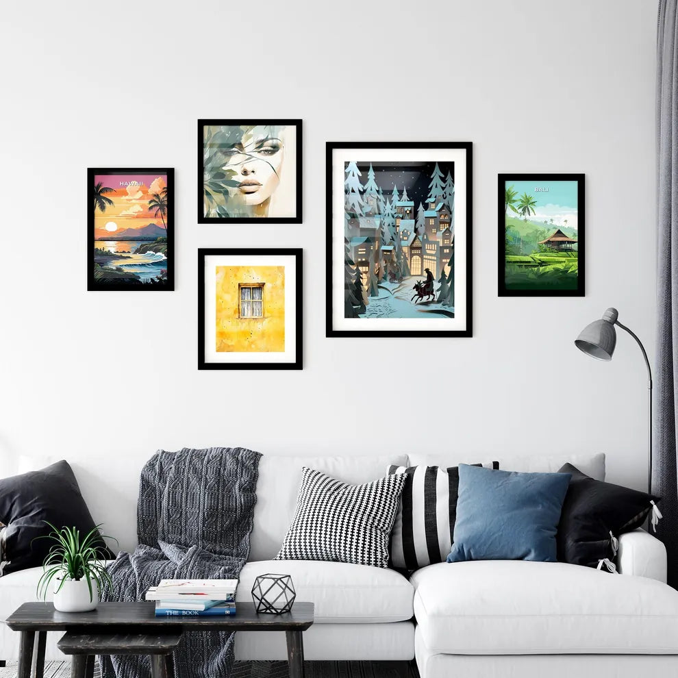 A Poster of paper art paper cut animation - A Paper Cut Out Of A Town With Houses And A Man Riding A Horse Interior Design