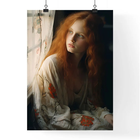A Poster of woman with red hair sitting - A Poster