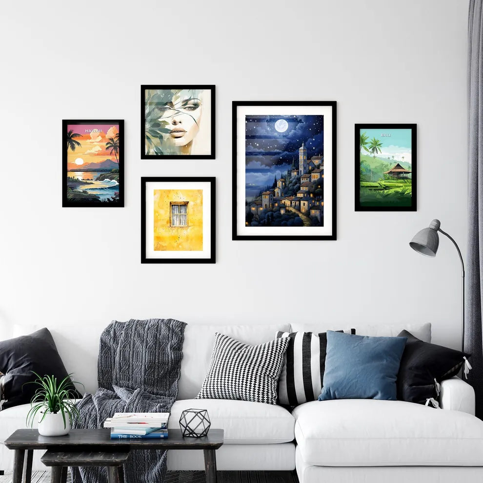 A Poster of painting of a night scene - A Painting Of A Town On A Hill Interior Design