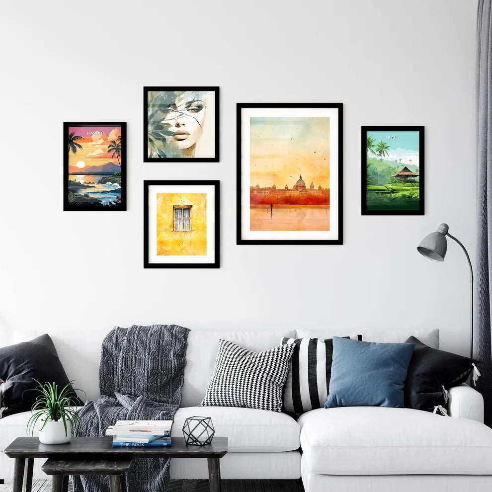 A Poster of minimal christmas background - A Watercolor Of A City With A Building In The Background Interior Design