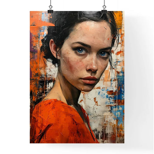 A Poster of an orange dress with blue eyes f Poster