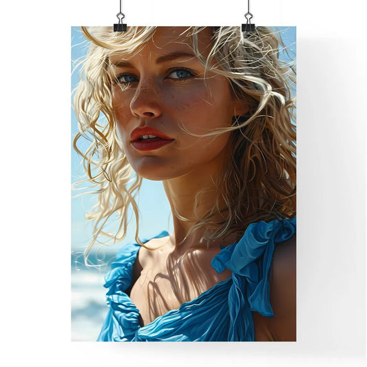 A Poster of an orange dress with blue eyes f Poster