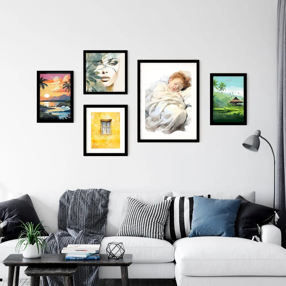 A Poster of baby sleeping in a white blanket Wall Art