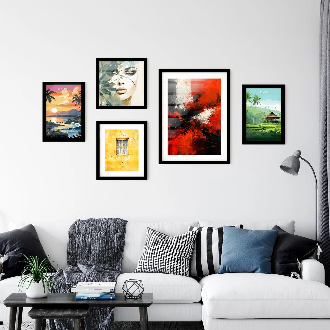 A Poster of a black canvas with white and re Wall Art
