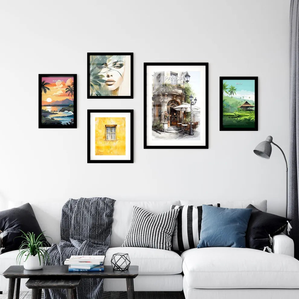 A Poster of the exterior of a paris restaurant - A Building With Tables And Chairs Interior Design