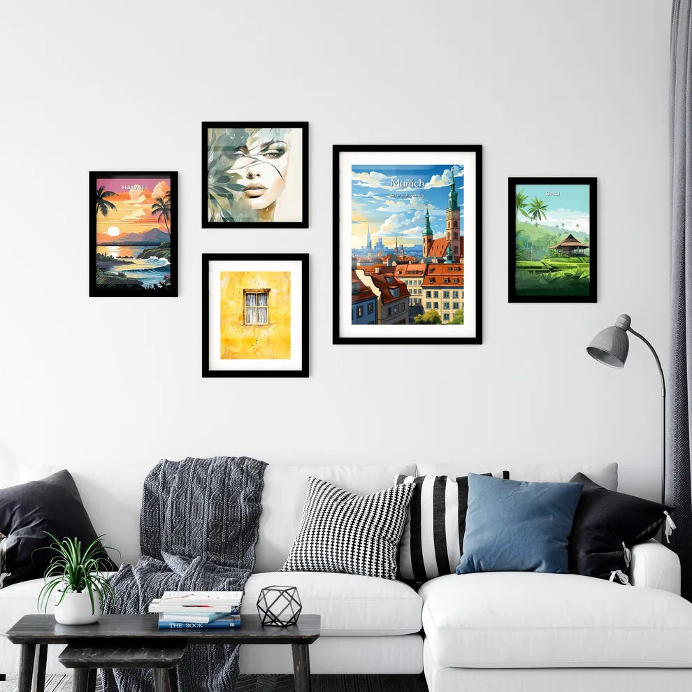 On the roofs of Munich - Art print of a city with a clock tower Interior Design