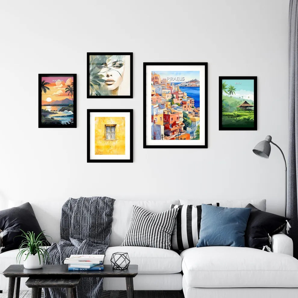 Piraeus, Greece - Art print of watercolor painting of a city by a body of water Interior Design