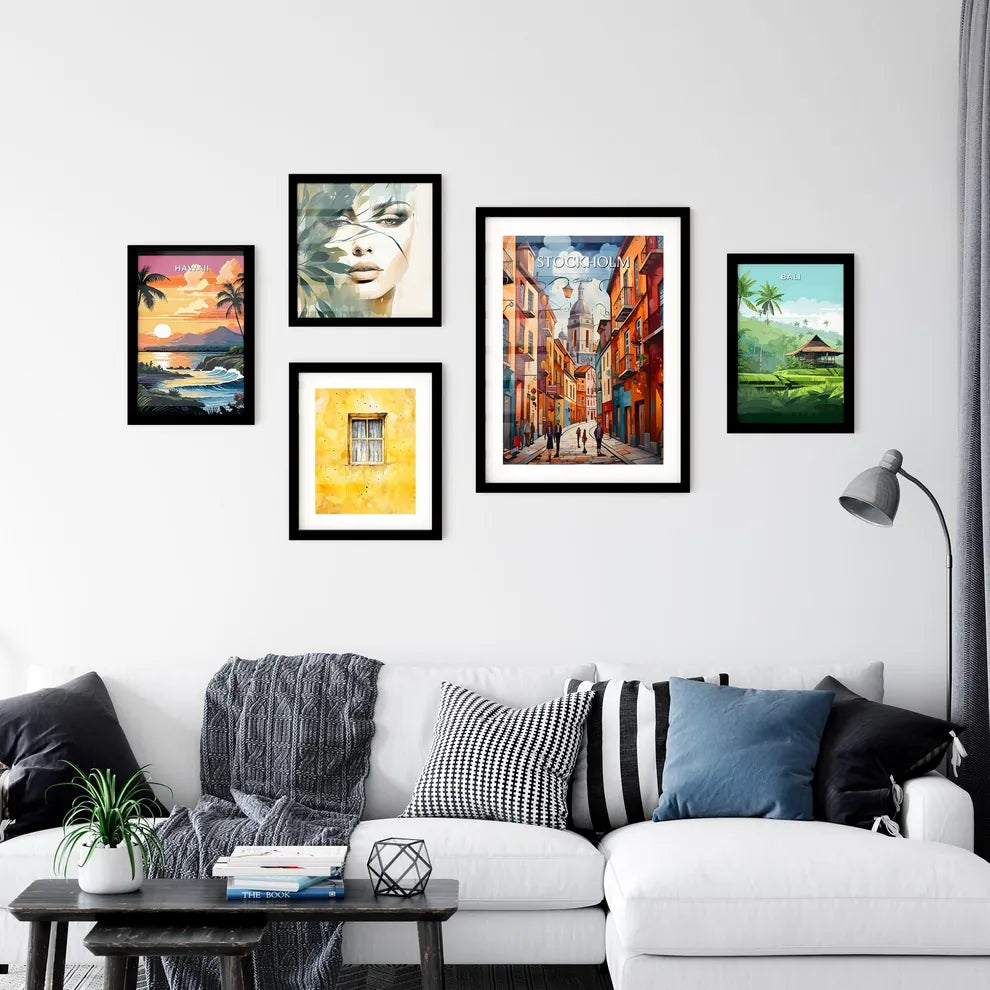 Stockholm, Sweden, - Art print of a man walking on a bridge over a river with a bridge and buildings Interior Design