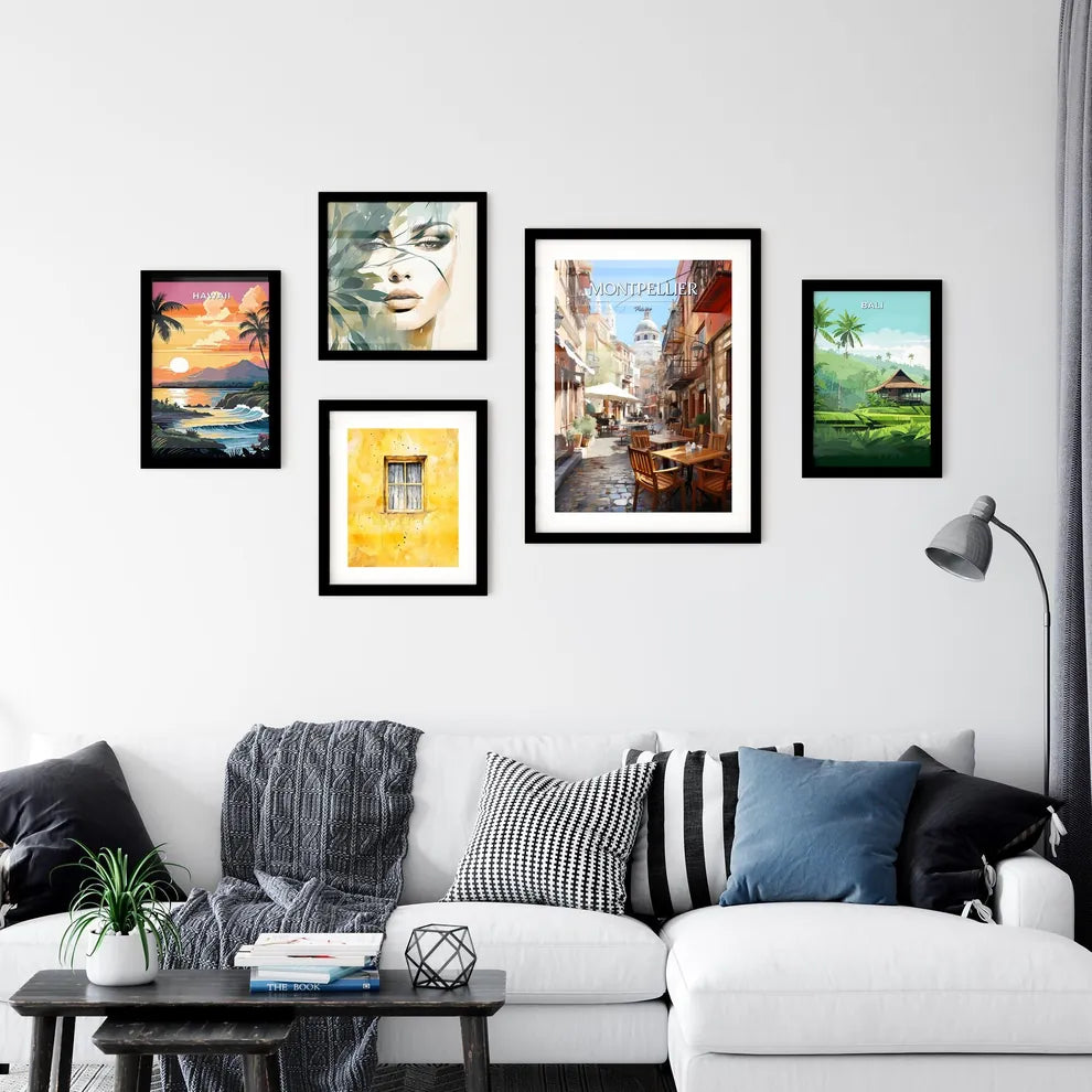 Montpellier, France - Art print of a beach with a sandy shore and blue water Interior Design