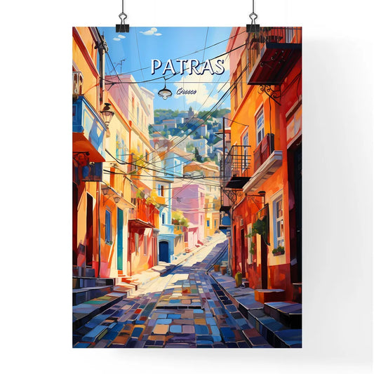 Patras, Greece - Art print of a street with buildings and people walking on it Poster