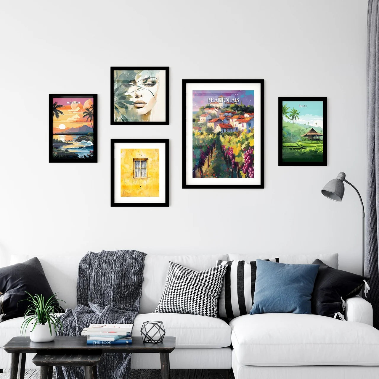 Beaujolais, France - Art print of a painting of a town on a hill with grapes Interior Design