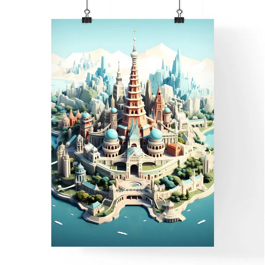 Travel abroad illustration - Art print of a cartoon of a castle on an island Poster