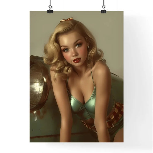 The vintage pin up girl leaning on a car - A Poster