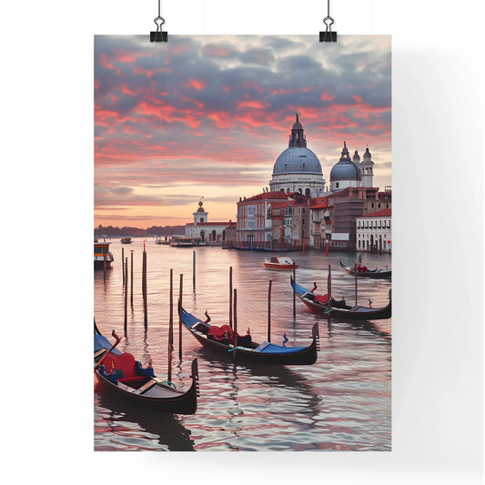 Venice Italy poster with text VENICE in cinzel font - Art print of gondolas in a canal with buildings in the background Poster