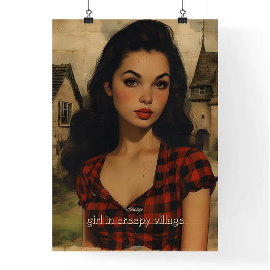 Strange, girl in creepy village, A Poster of a woman with long hair wearing a red and black plaid shirt Poster