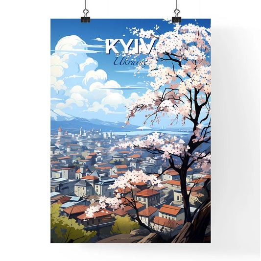 Kyiv, Ukraine, A Poster of a tree with white flowers in front of a city Default Title