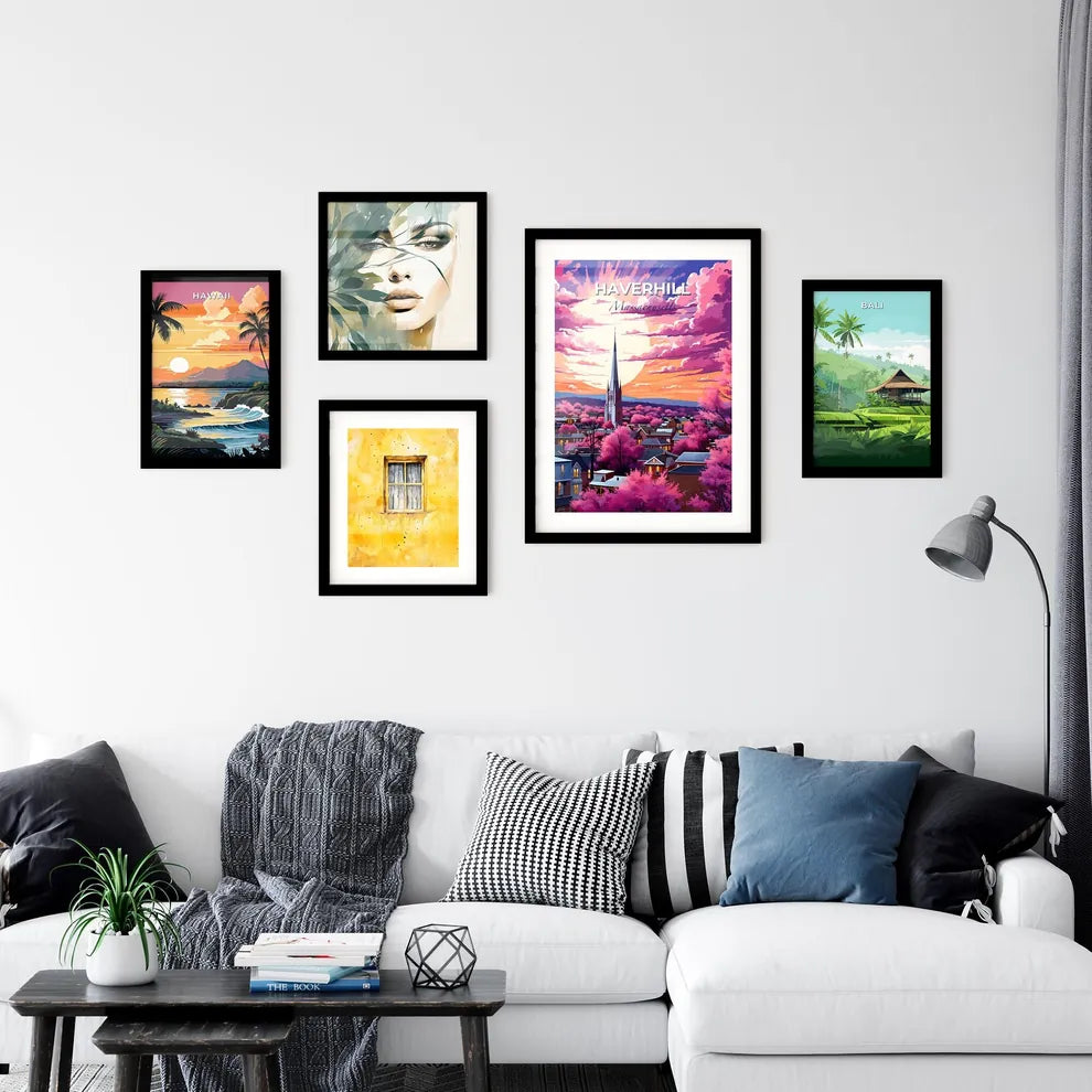 Haverhill, Massachusetts, A Poster of a city with a church tower and pink trees Default Title