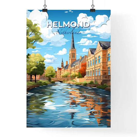 Helmond, Netherlands, A Poster of a river with a church and trees Default Title