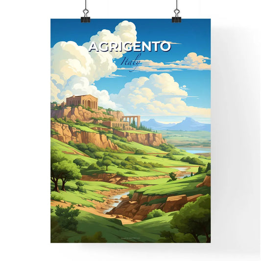 Agrigento, Italy, A Poster of a landscape with a river and a building on a hill Default Title