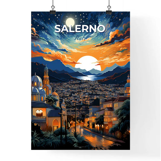 Salerno, Italy, A Poster of a city with a river and mountains in the background Default Title