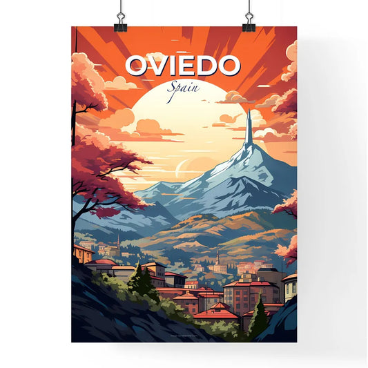 Oviedo, Spain, A Poster of a landscape of a city with mountains and trees Default Title