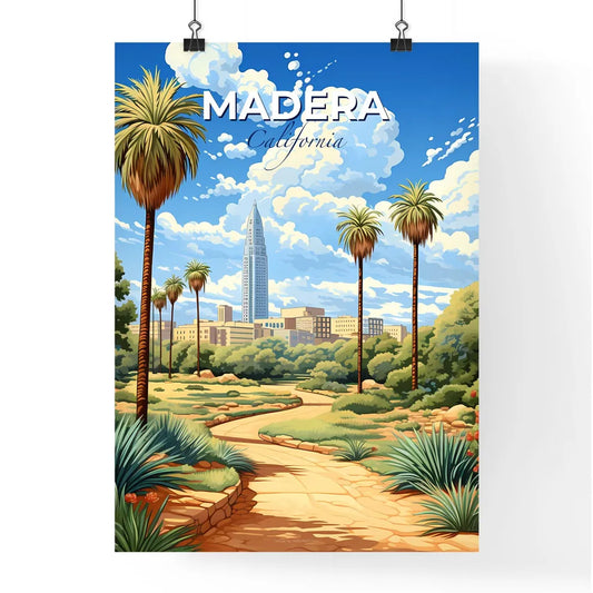 Madera, California, A Poster of a path through a park with palm trees and a city in the background Default Title