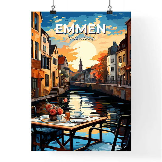 Emmen, Netherlands, A Poster of a table with flowers on it and a river in the background Default Title