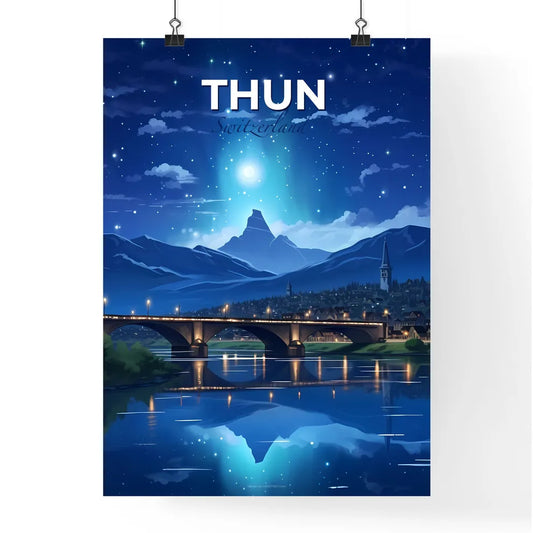 Thun, Switzerland, A Poster of a bridge over a river with a city and mountains in the background Default Title