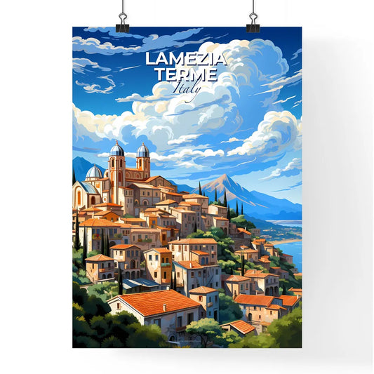 Lamezia Terme, Italy, A Poster of a painting of a town on a hill with trees and mountains Default Title