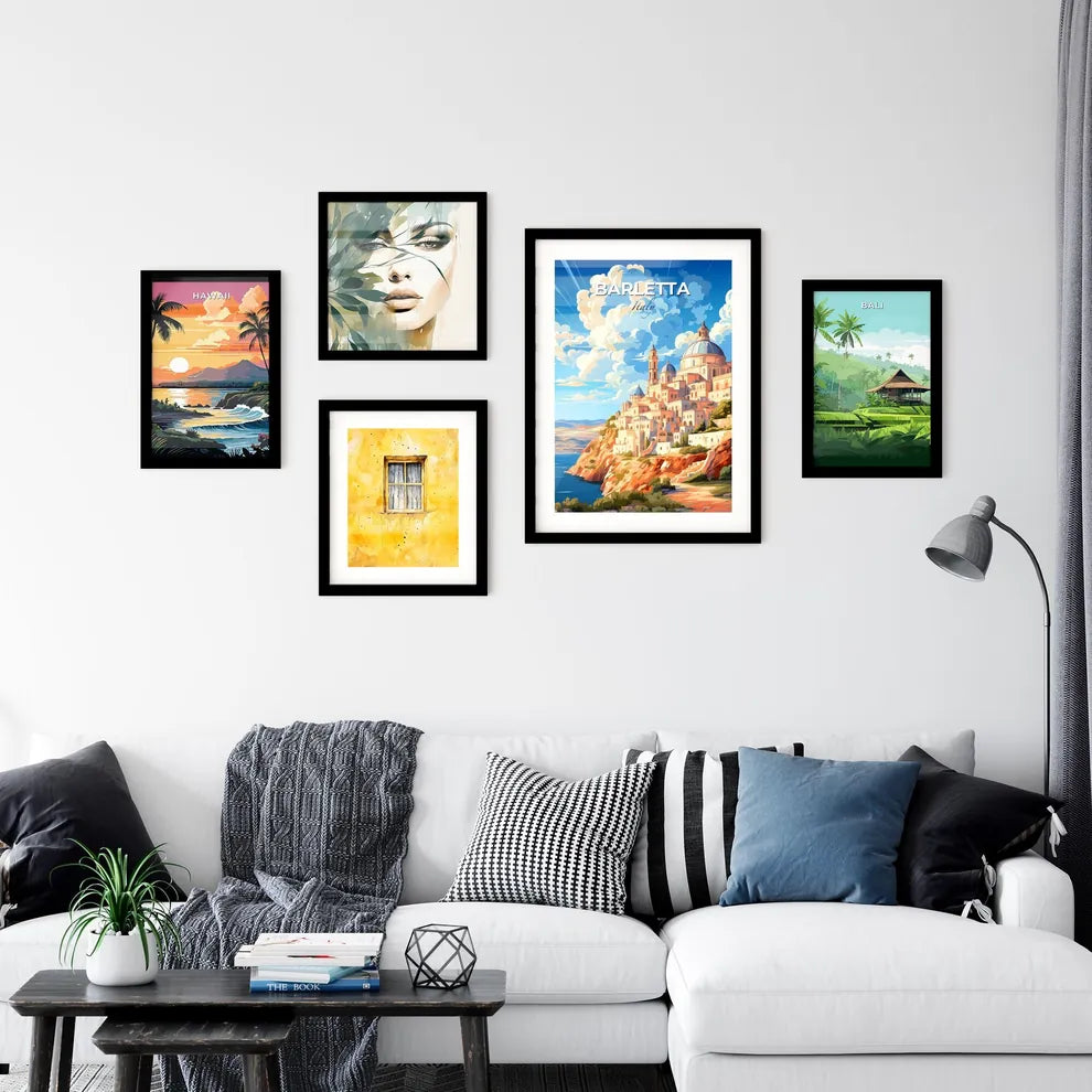 Barletta, Italy, A Poster of a painting of a city on a hill with a body of water and clouds Default Title