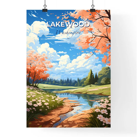 Lakewood, Washington, A Poster of a river running through a grassy field with flowers and trees Default Title