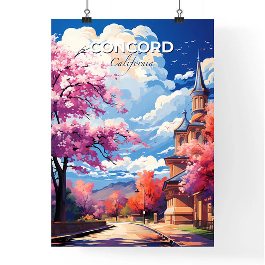Concord, California, A Poster of a church with pink trees and blue sky Default Title
