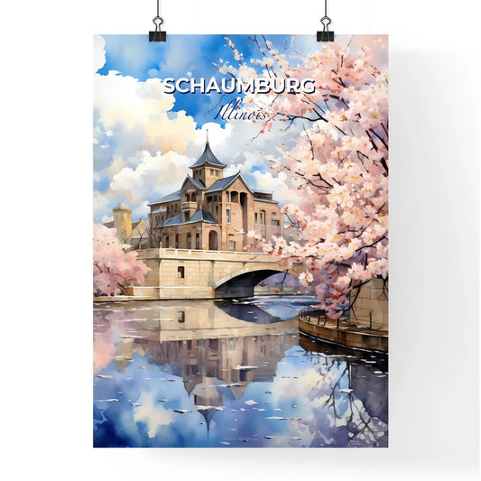 Schaumburg, Illinois, A Poster of a watercolor painting of a castle with a bridge and pink flowers Default Title