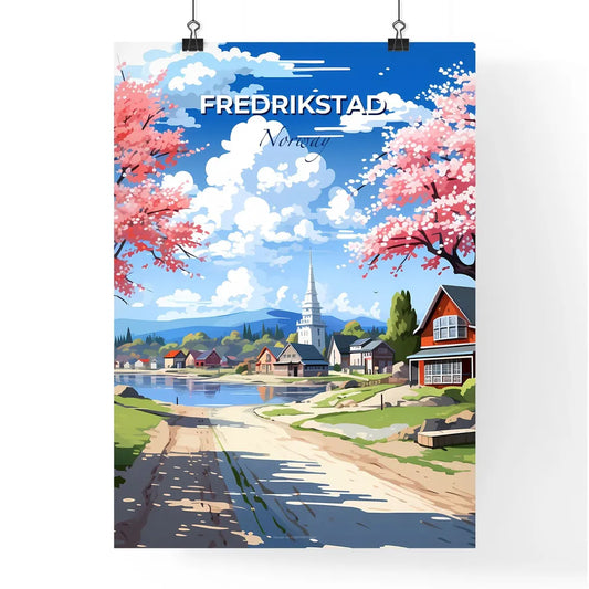 Fredrikstad, Norway, A Poster of a road leading to a lake with pink trees and houses Default Title