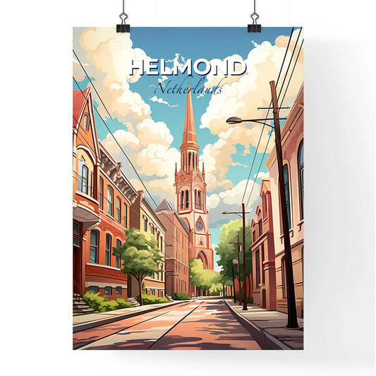 Helmond, Netherlands, A Poster of a street with a church tower and buildings Default Title