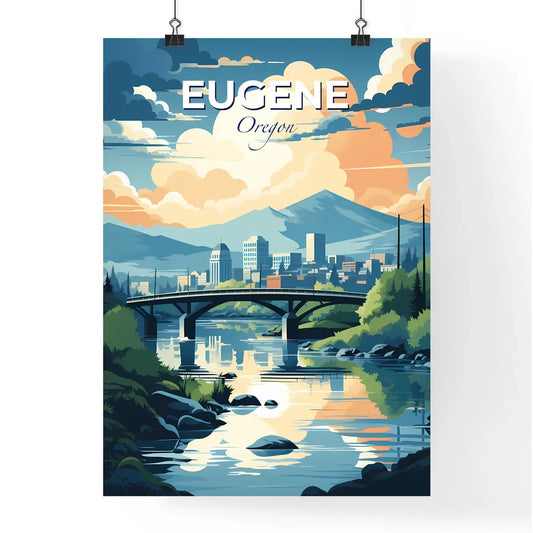 Eugene, Oregon, A Poster of a bridge over a river with trees and mountains in the background Default Title