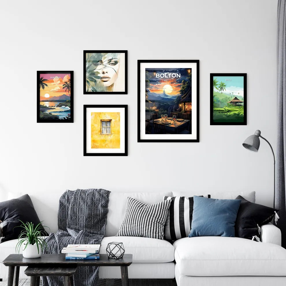 Bolton, North West England, A Poster of a table with wine glasses and a sunset in the background Default Title