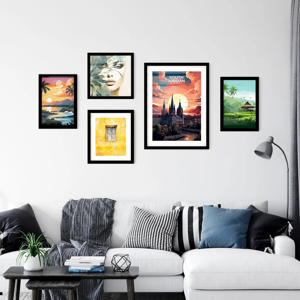 South Jordan, Utah, A Poster of a large building with towers and trees in front of a sunset Default Title