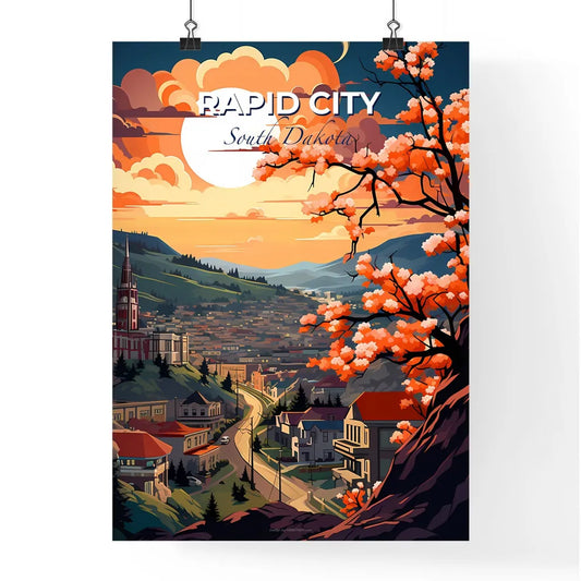 Rapid City, South Dakota, A Poster of a painting of a town with a road and a tree with pink flowers Default Title
