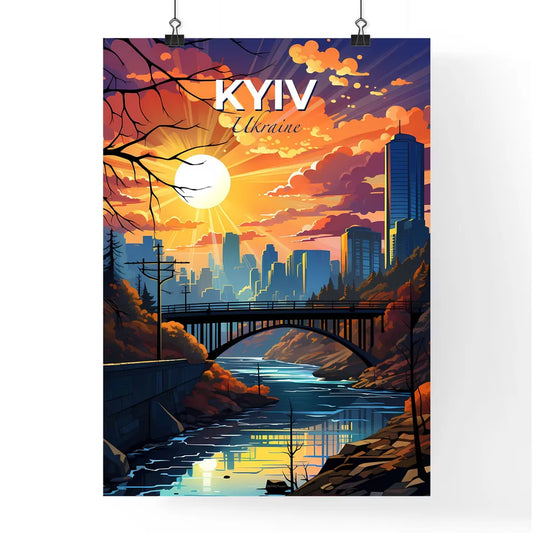 Kyiv, Ukraine, A Poster of a bridge over a river with a city in the background Default Title