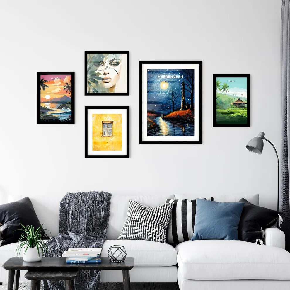 Heerenveen, Netherlands, A Poster of a painting of a couple walking on a river with a lighthouse in the background Default Title