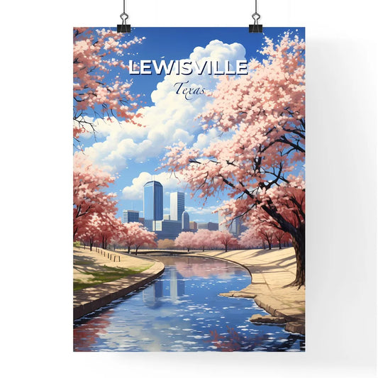 Lewisville, Texas, A Poster of a river running through a park with pink trees and buildings in the background Default Title