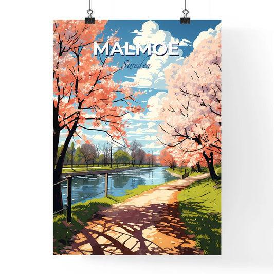 Malmoe, Sweden, A Poster of a path with pink trees and a river Default Title