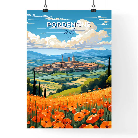 Pordenone, Italy, A Poster of a landscape with a town and orange flowers Default Title