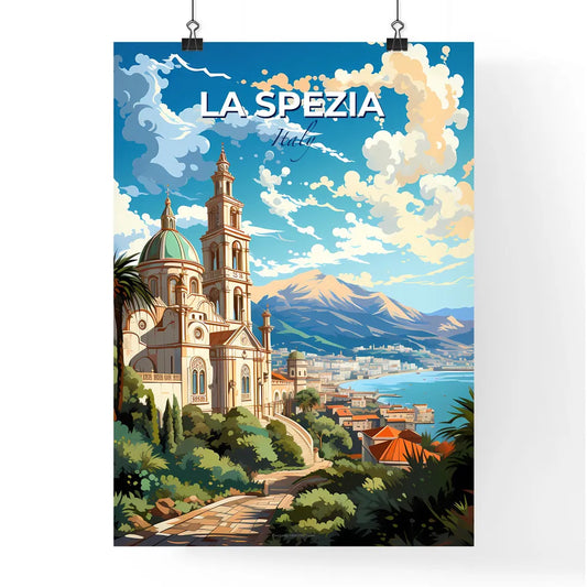 La Spezia, Italy, A Poster of a building with a steeple and trees and mountains in the background Default Title