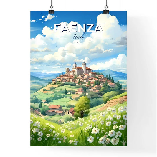 Faenza, Italy, A Poster of a landscape of a village with a hill and flowers Default Title