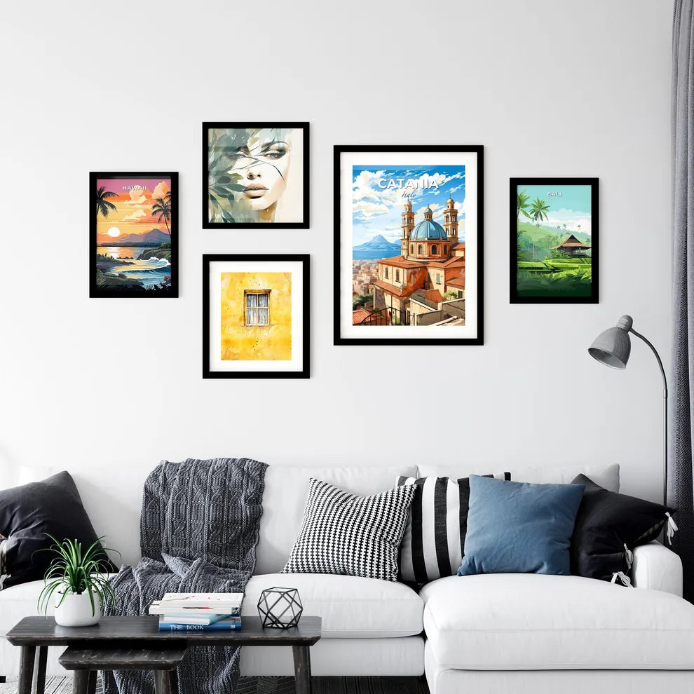 Catania, Italy, A Poster of a building with a blue dome and a city with a mountain in the background Default Title