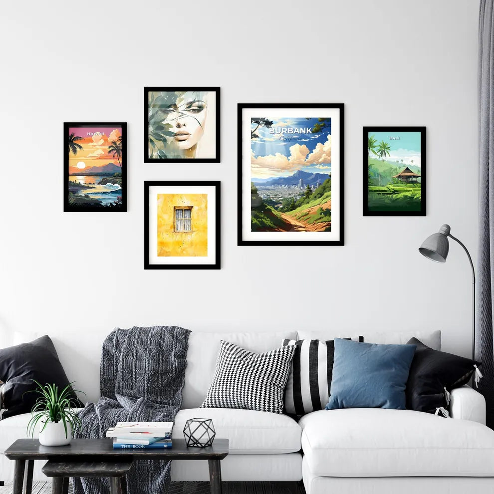 Burbank, California, A Poster of a landscape of a city with trees and mountains Default Title
